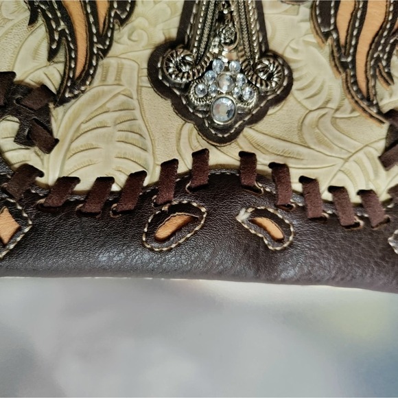 Cross and Wings jewel embellished crossbody messenger bag brown tan faux leather - Picture 9 of 14